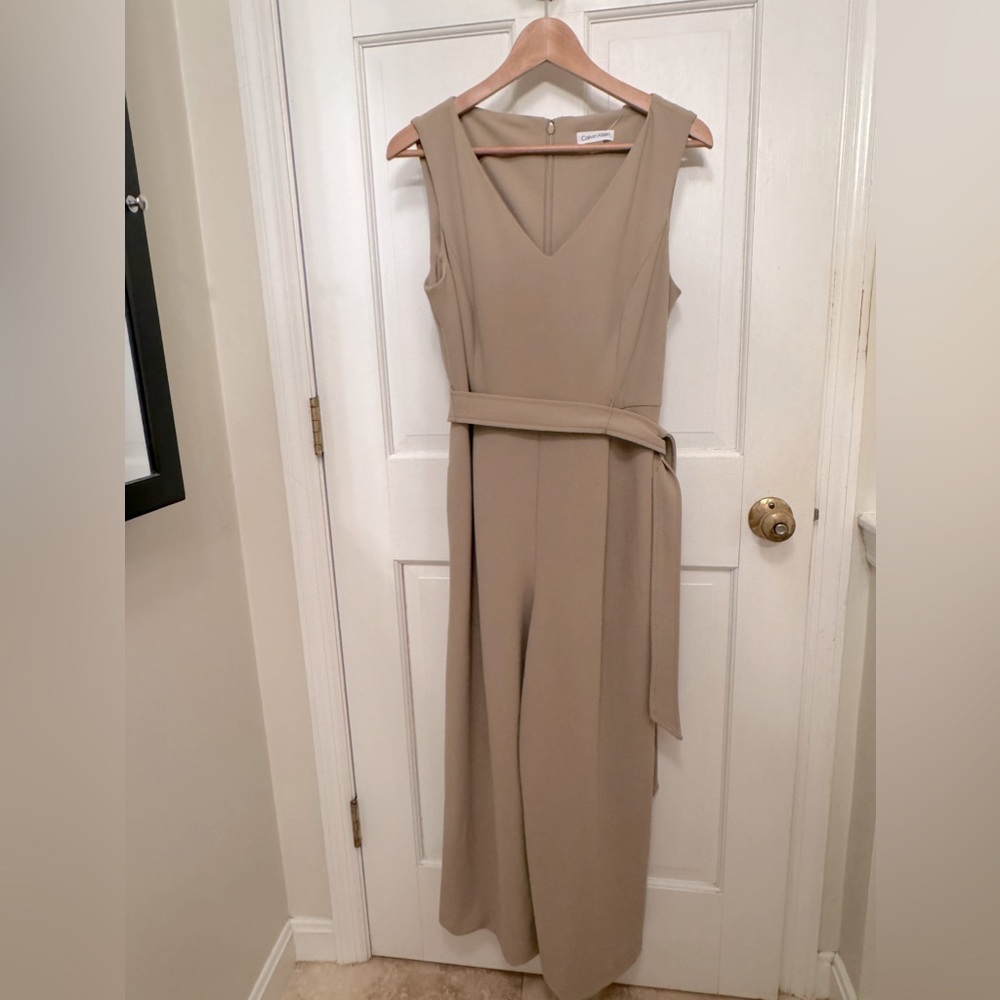 Calvin Klein Taupe V-Neck Sleeveless Jumpsuit with Waist Tie